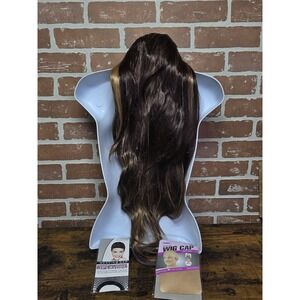 Long 22-24" Brown Blonde Highlight Synthetic Fashion Wig Adjustable W Wig Caps